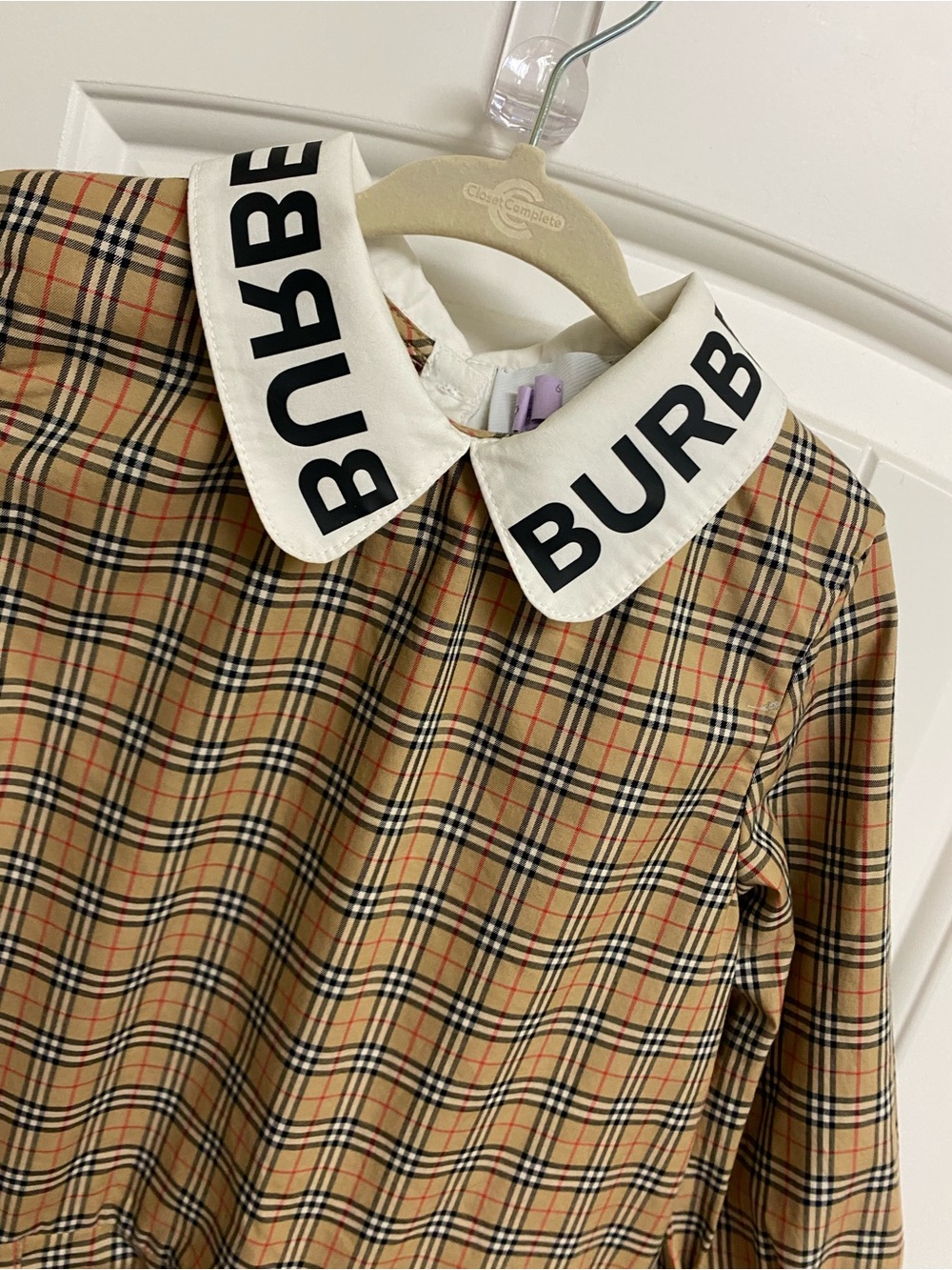 Burberry Tan Plaid Kids Long-Sleeve Dress with Logo Collar 4Y